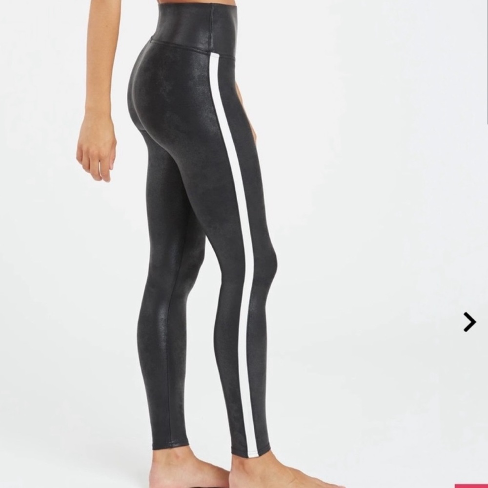 Spanx Faux Leather Side Stripe Sheer Black Leggings Size M